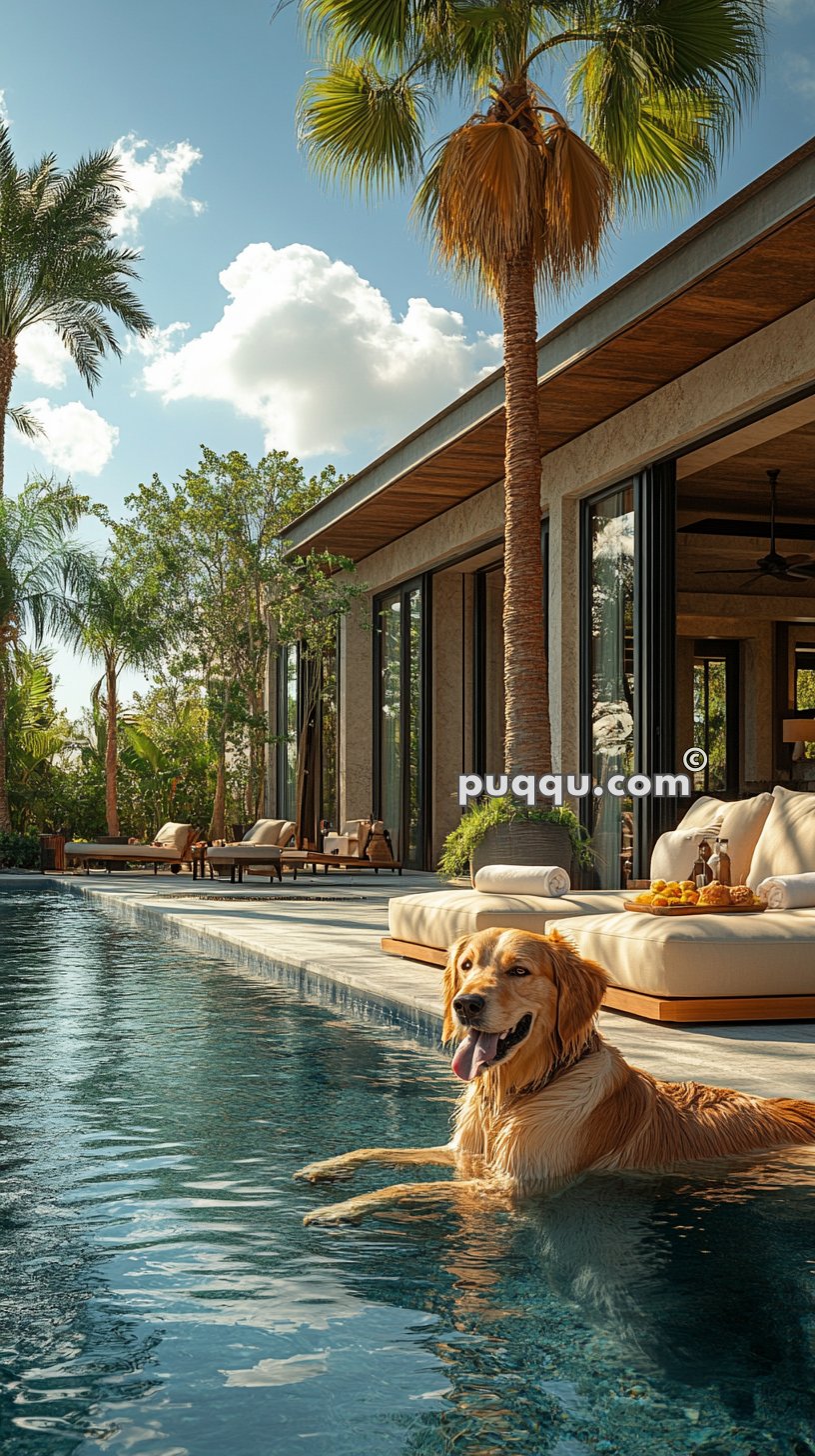 Golden retriever lounging in a luxurious swimming pool by a modern house with palm trees in the background.