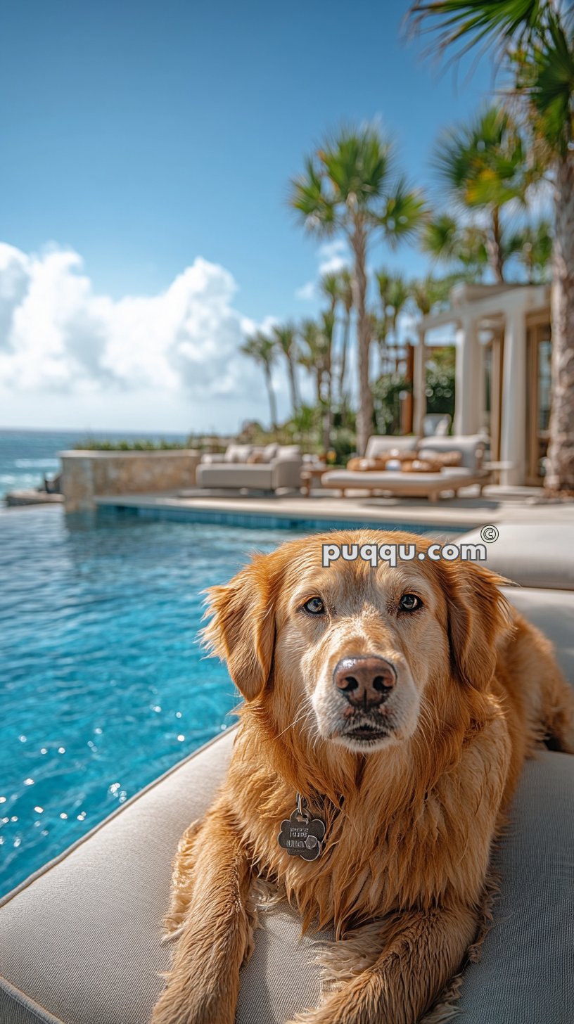 Golden Retriever lying on a poolside lounge chair with a backdrop of palm trees and blue sky.