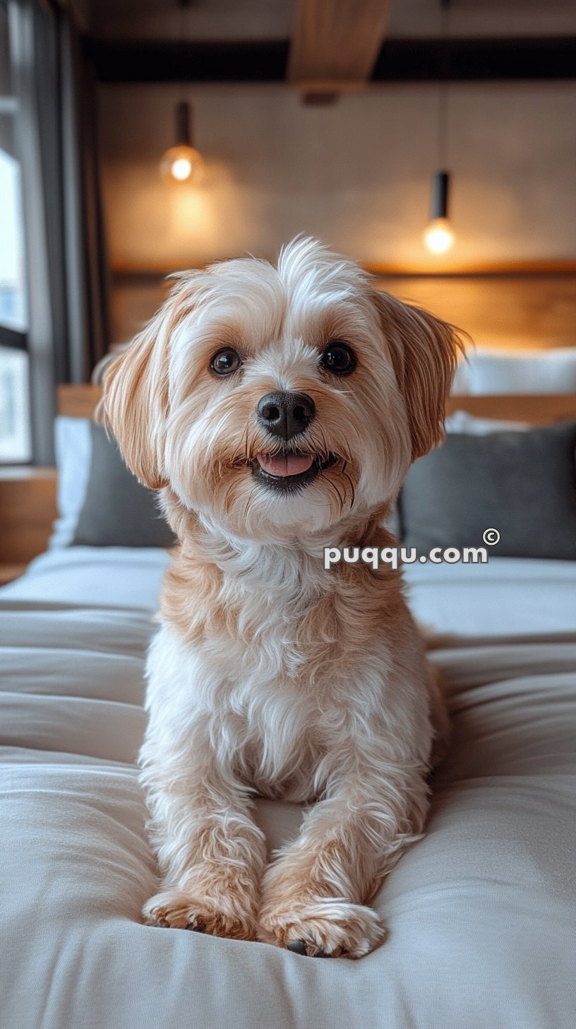 Small dog with curly fur sitting on a bed with blurred background of a cozy, well-lit room.