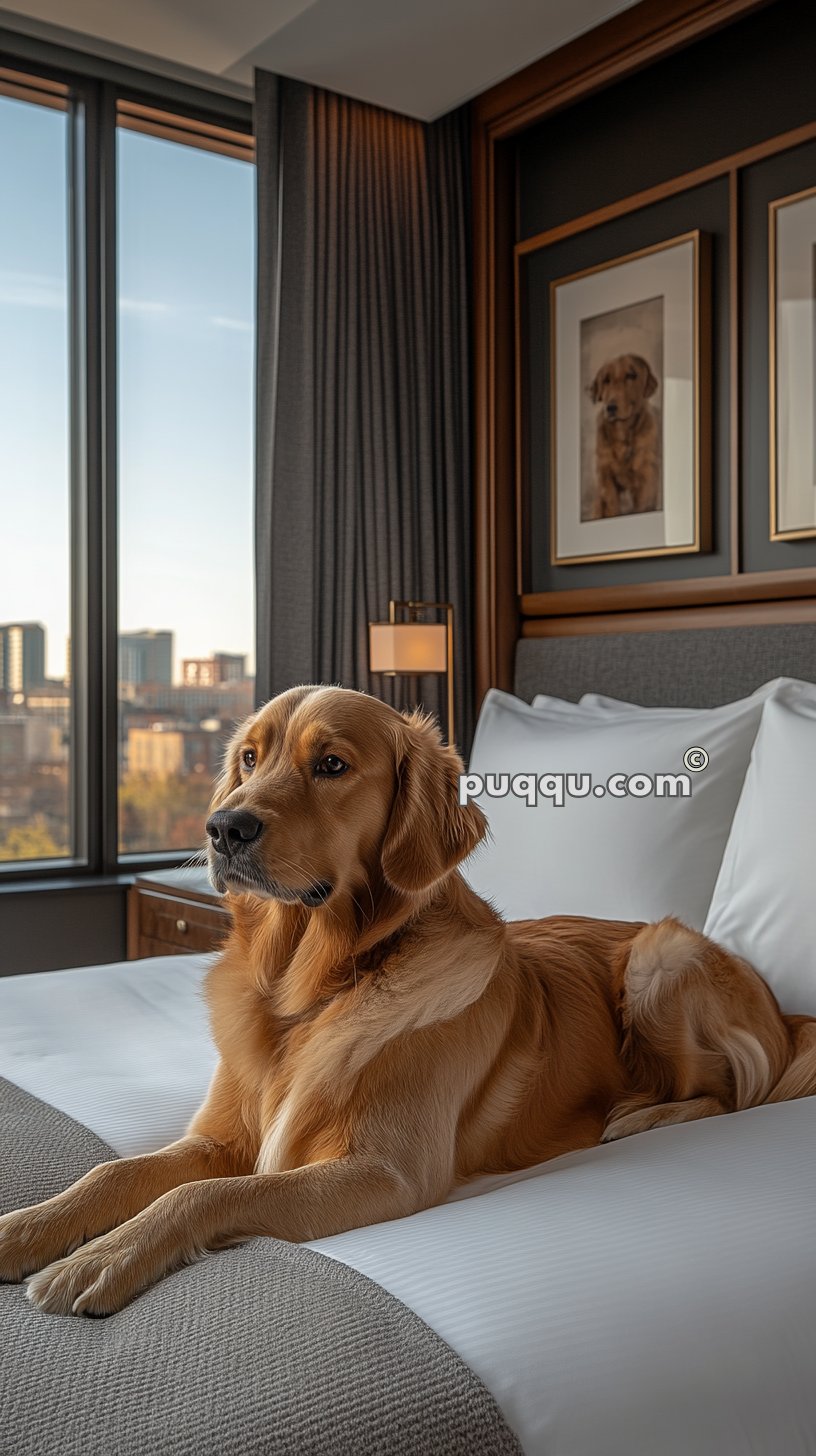 Golden retriever lying on a bed in a modern room with a cityscape view from the window.