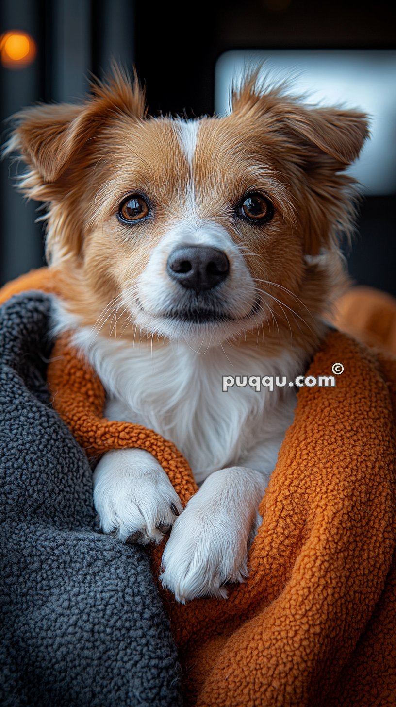 A close-up of a small dog with brown and white fur wrapped in an orange and gray blanket.