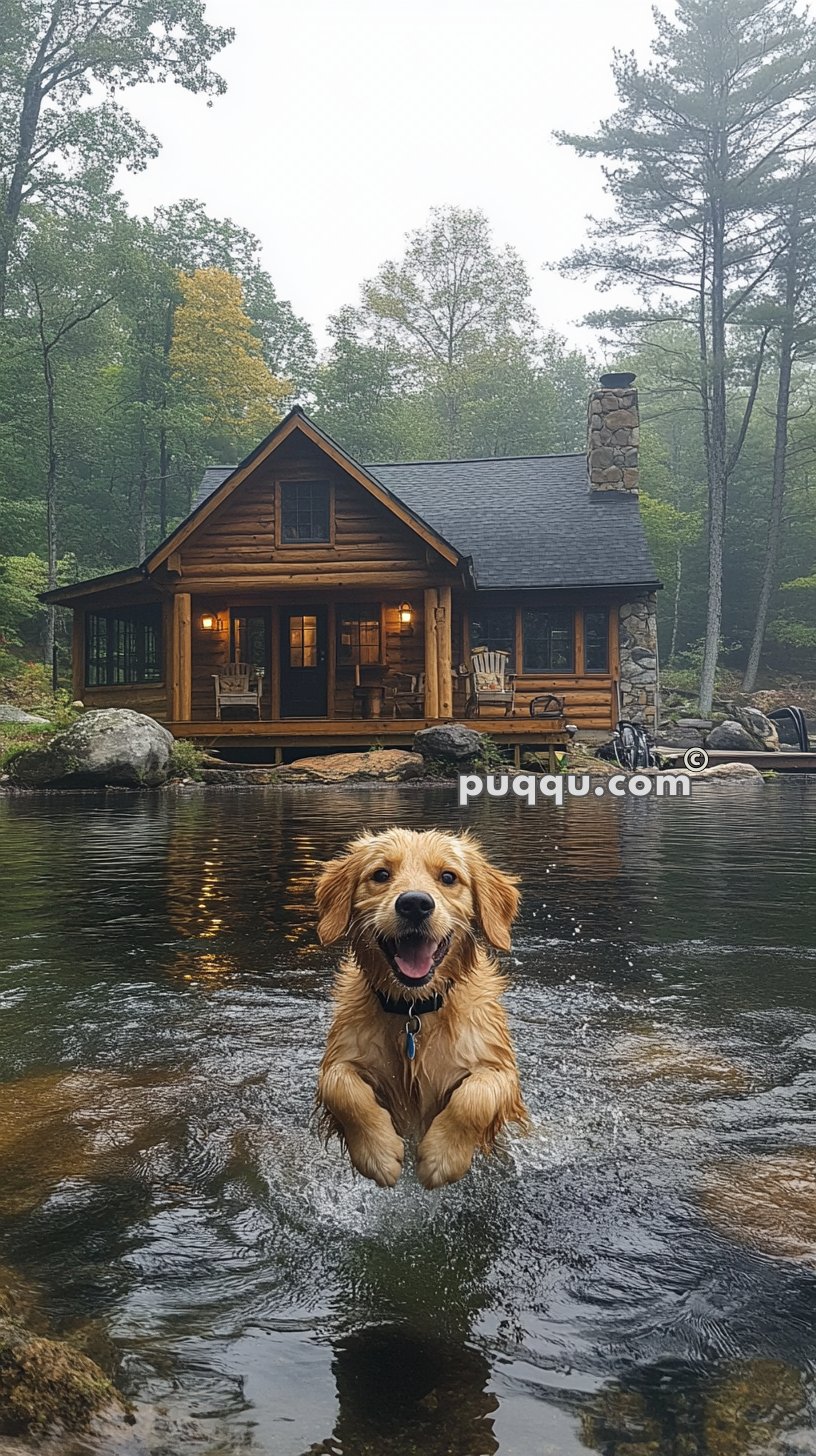 Golden retriever playing in water with a log cabin in the background surrounded by trees.