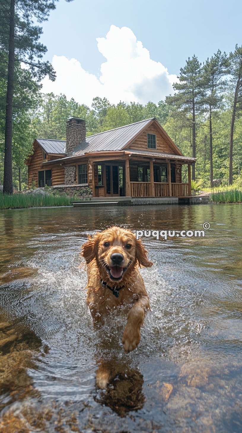 Golden retriever puppy playing in a shallow pond with a log cabin and trees in the background.