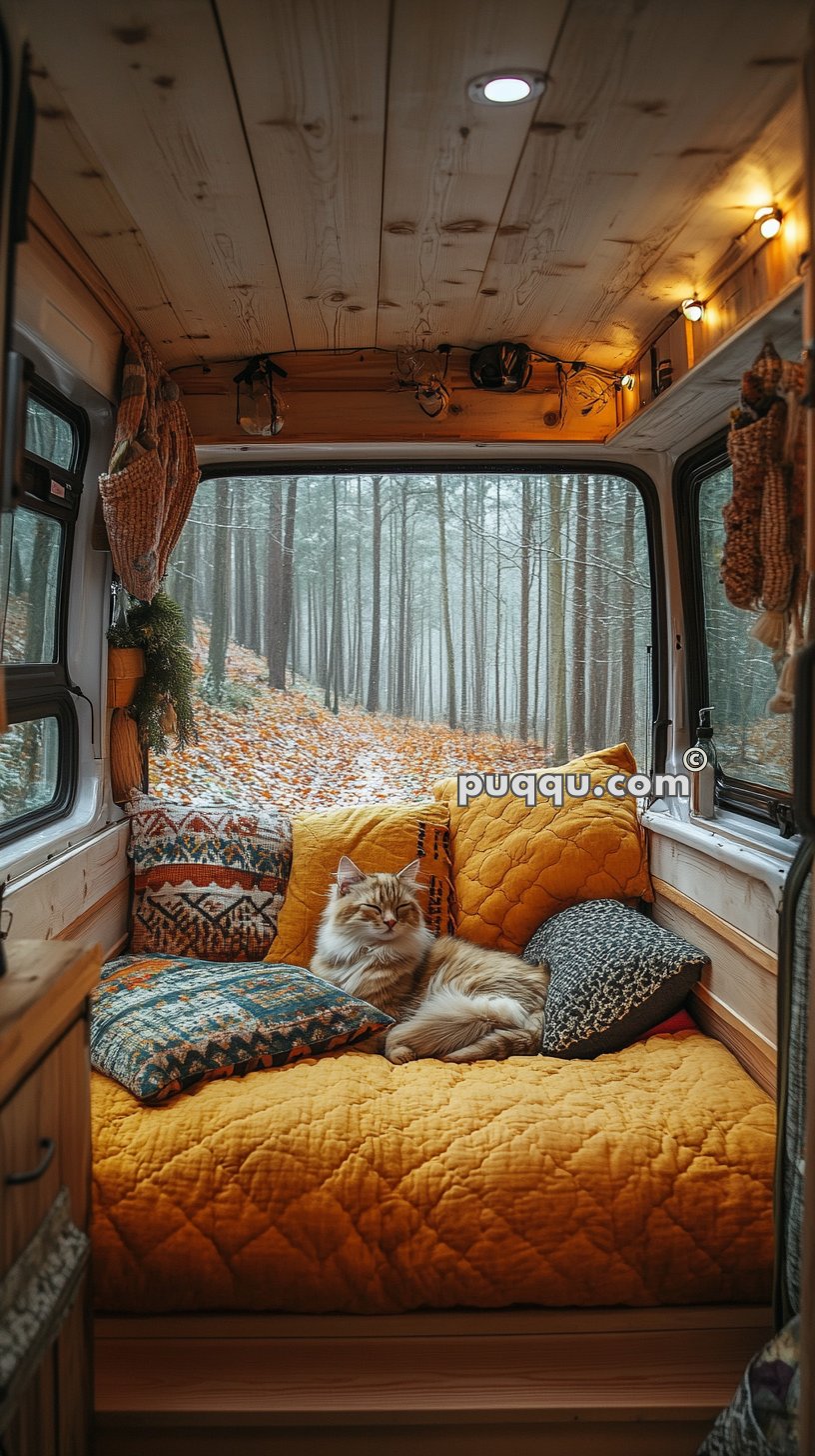 Cozy camper van interior with a relaxed cat on a bed adorned with colorful pillows and blankets, and a forest scene visible through the rear window.