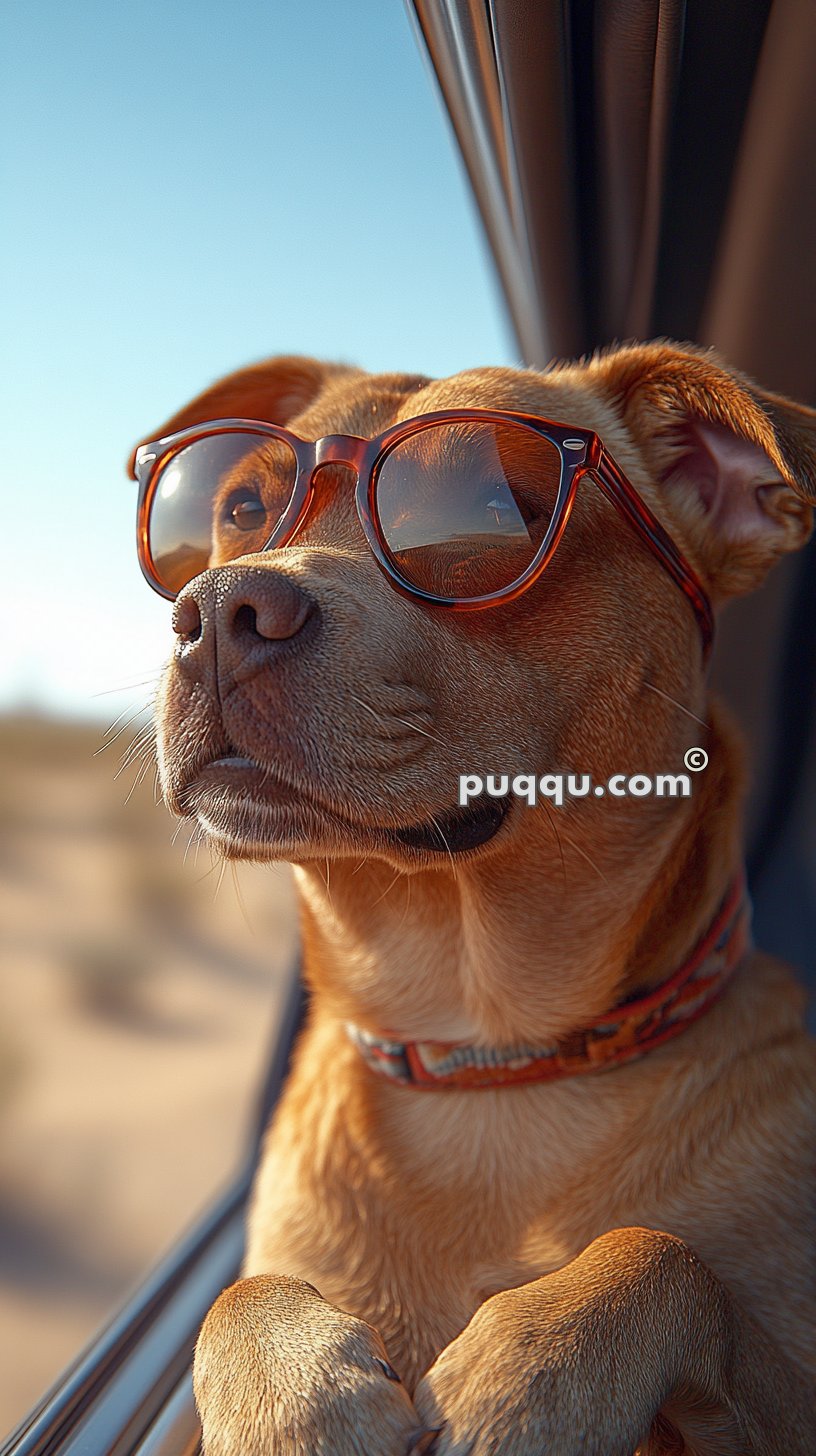 Dog wearing sunglasses looking out a car window.