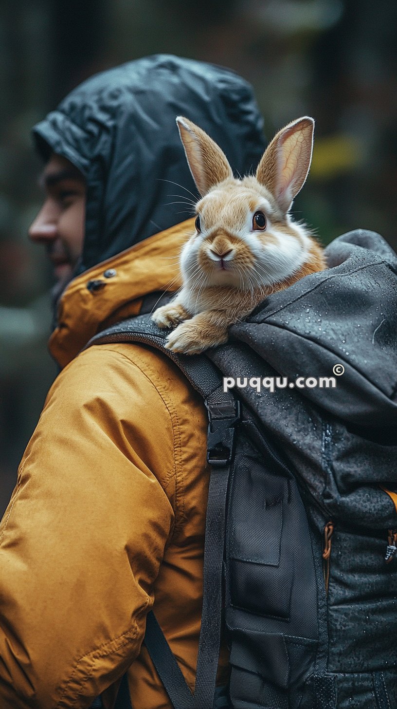 A rabbit peeking out of a backpack worn by a person in a hooded jacket.