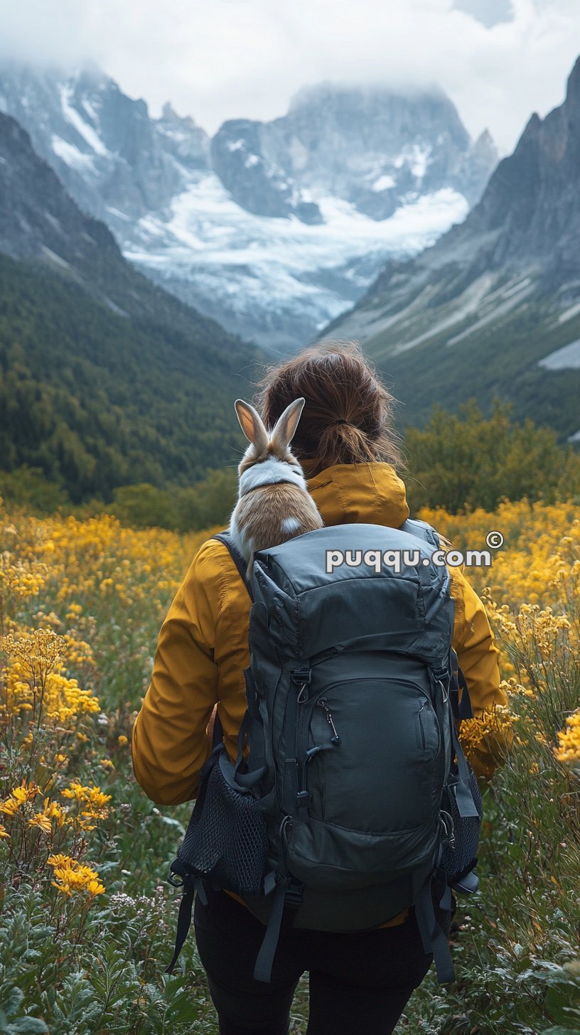 A person with a large backpack and a rabbit sitting on their shoulder, standing in a field of yellow flowers with snowy mountains and forested hills in the background.