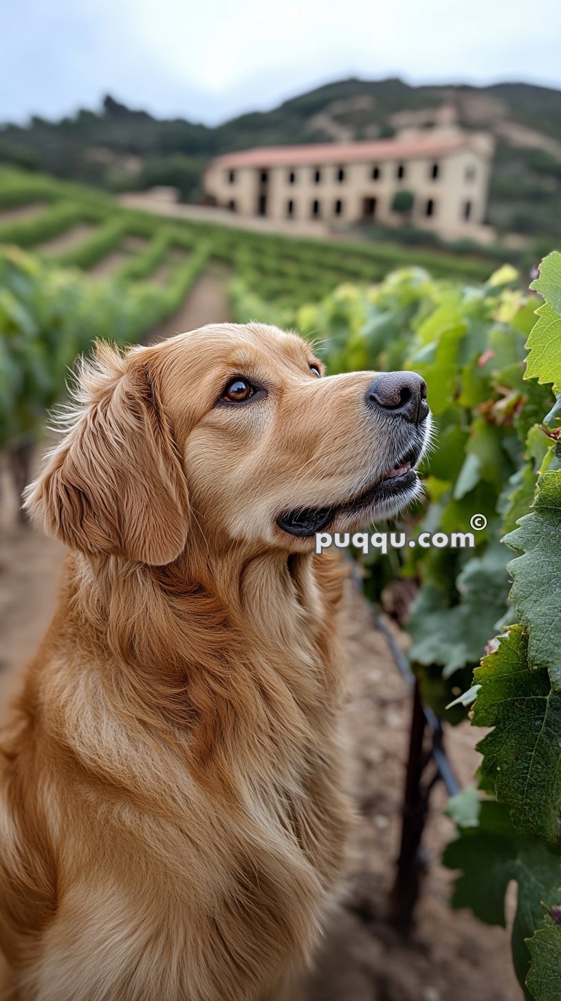 Golden retriever in a vineyard with a blurred building in the background.