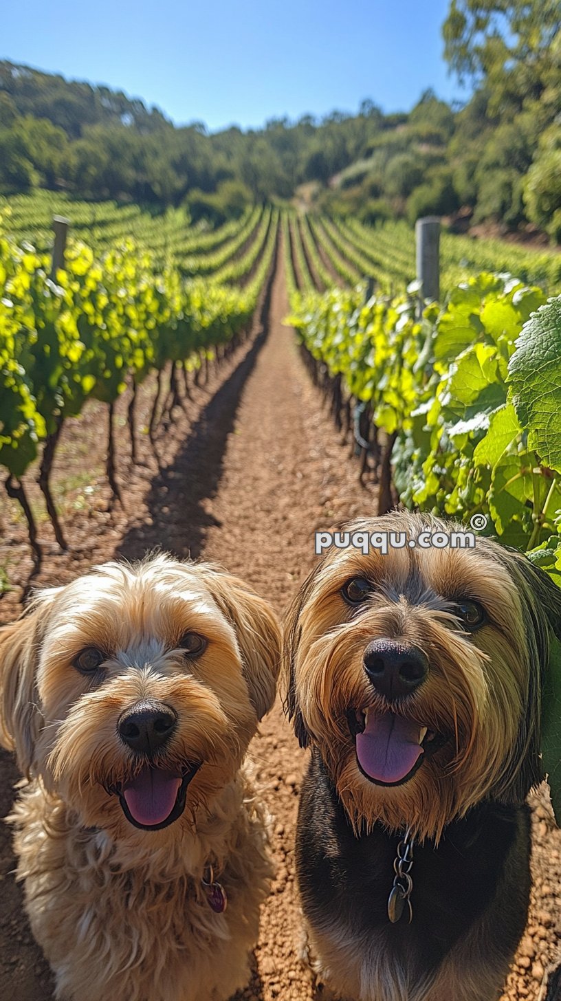 Two happy dogs with their tongues out, standing in a vineyard with rows of grapevines stretching into the distance.