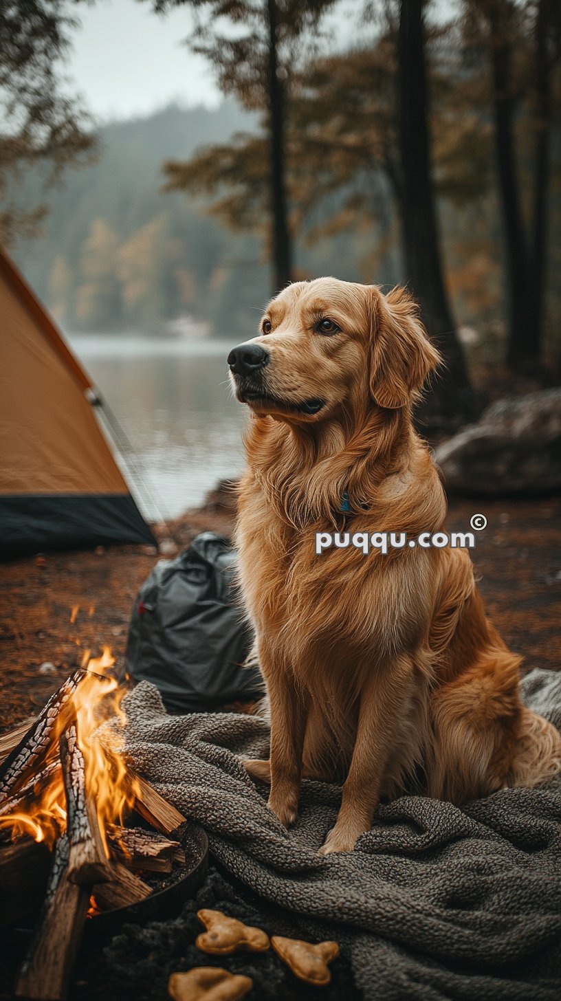 Golden retriever sitting on a blanket by a campfire with a tent in the background, set in a forested lakeside area.