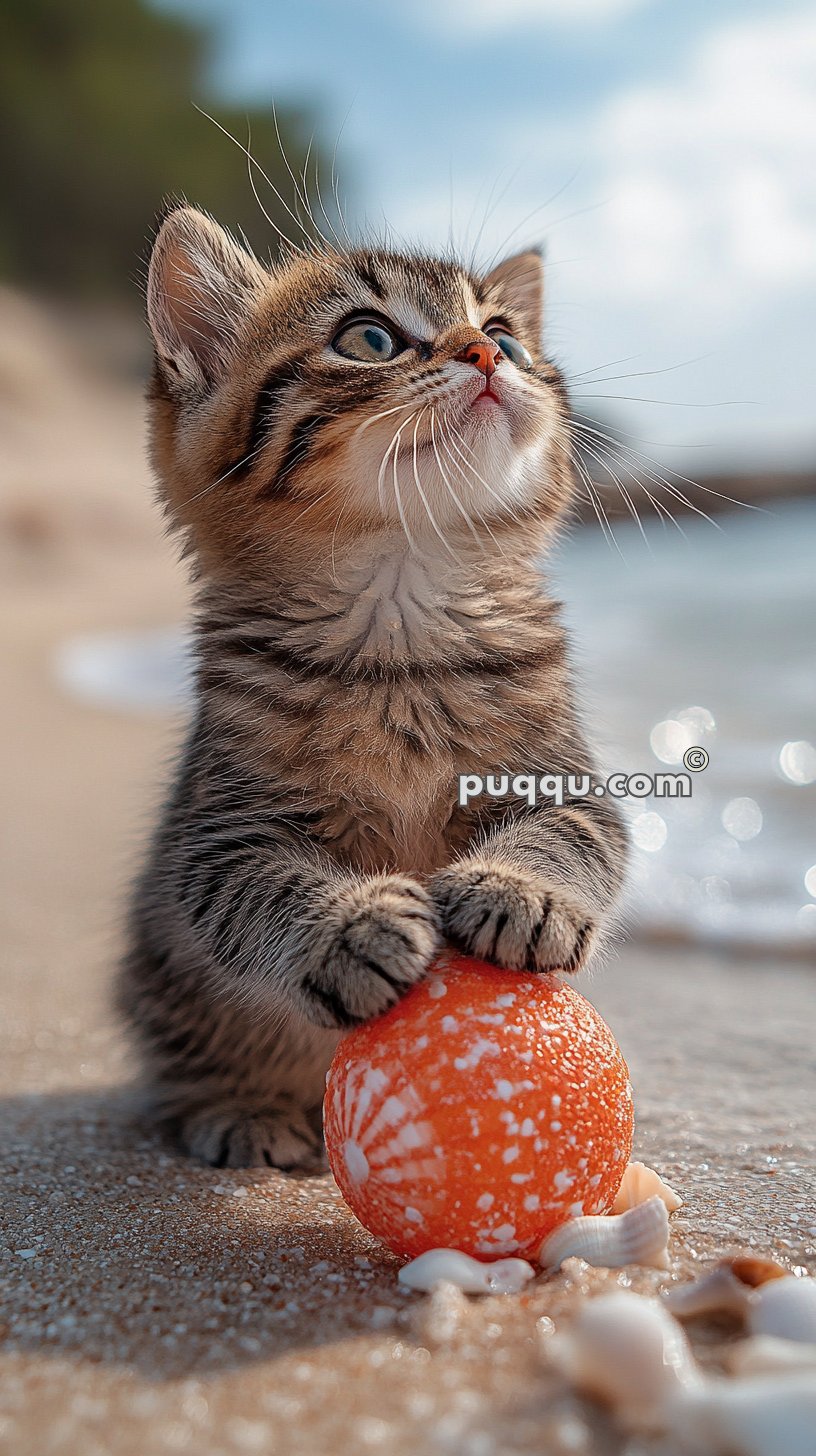 A small tabby kitten holding an orange ball on a sandy beach, surrounded by seashells.