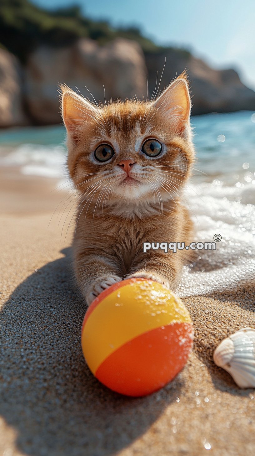 A cute kitten sitting on a sandy beach with an orange and yellow ball, the ocean and cliffs visible in the background.