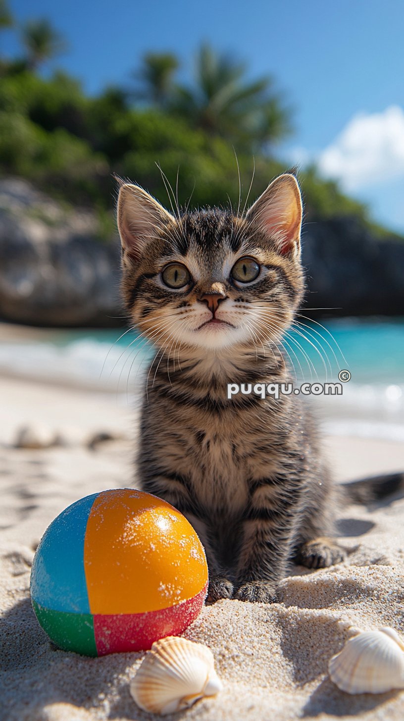 A tabby kitten sitting on a sandy beach next to a colorful beach ball and seashells, with lush greenery and a bright blue sky in the background.