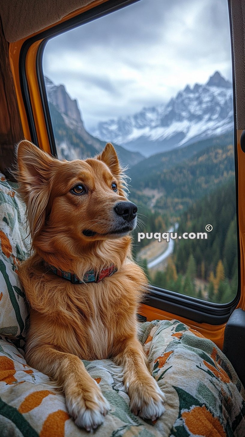 A dog with golden fur sits on a floral-patterned blanket in a vehicle, looking out the window at a scenic mountain view.