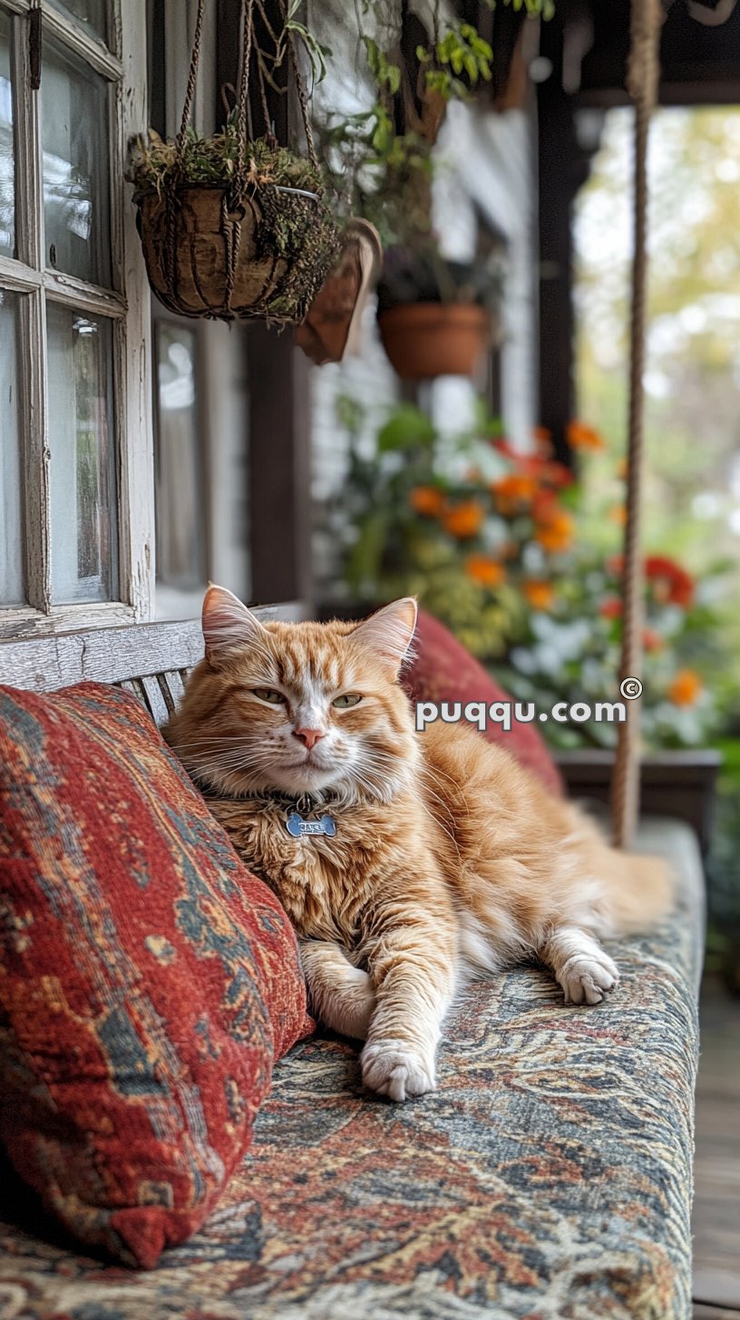 Orange tabby cat resting on a patterned cushion on a porch swing with hanging plants and flowers in the background.