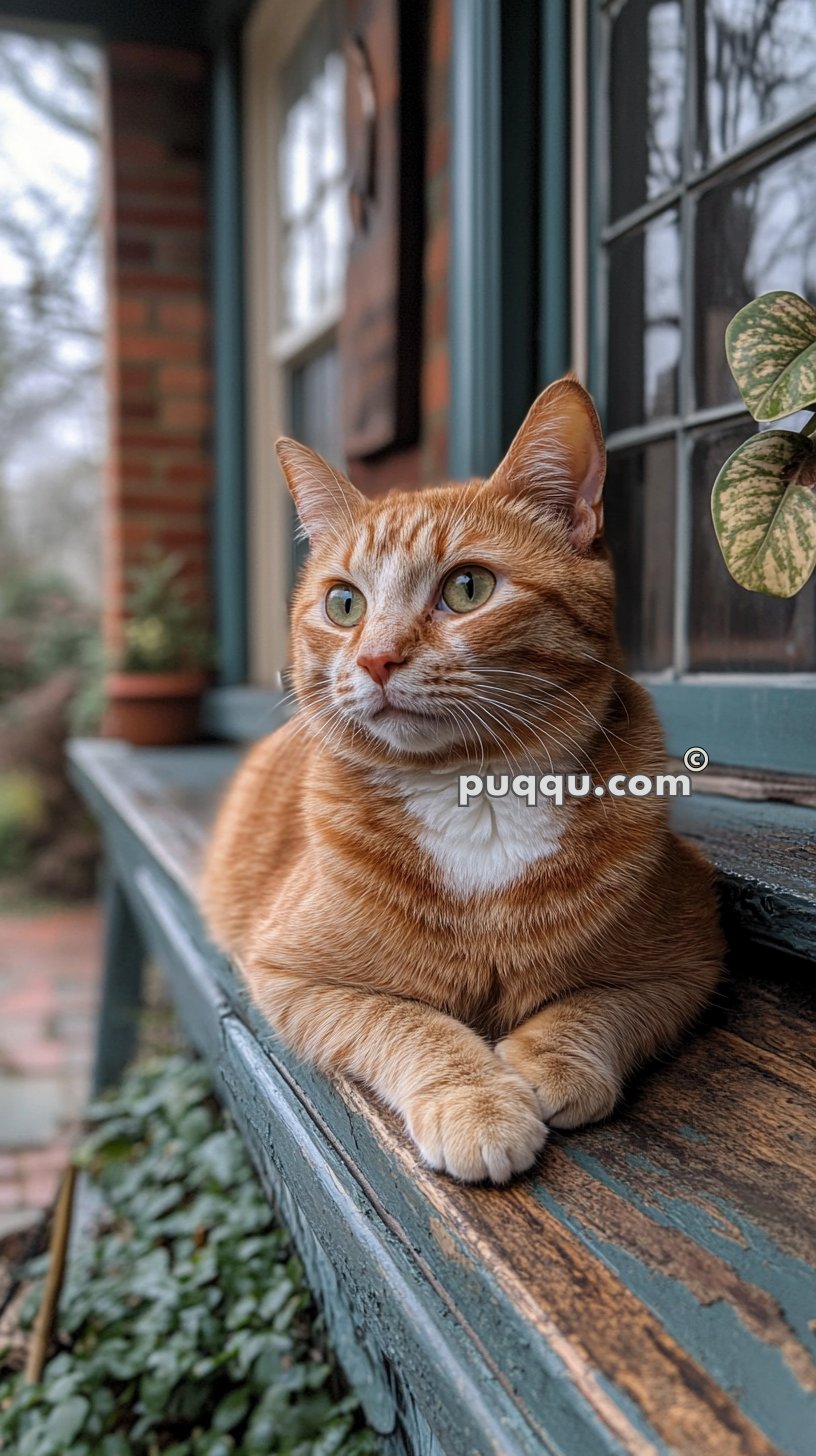 Orange tabby cat with green eyes lying on a weathered wooden ledge in front of a house window with a brick wall in the background.