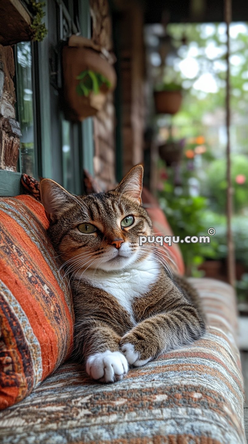 Brown tabby cat with white markings lounging on a patterned cushion.