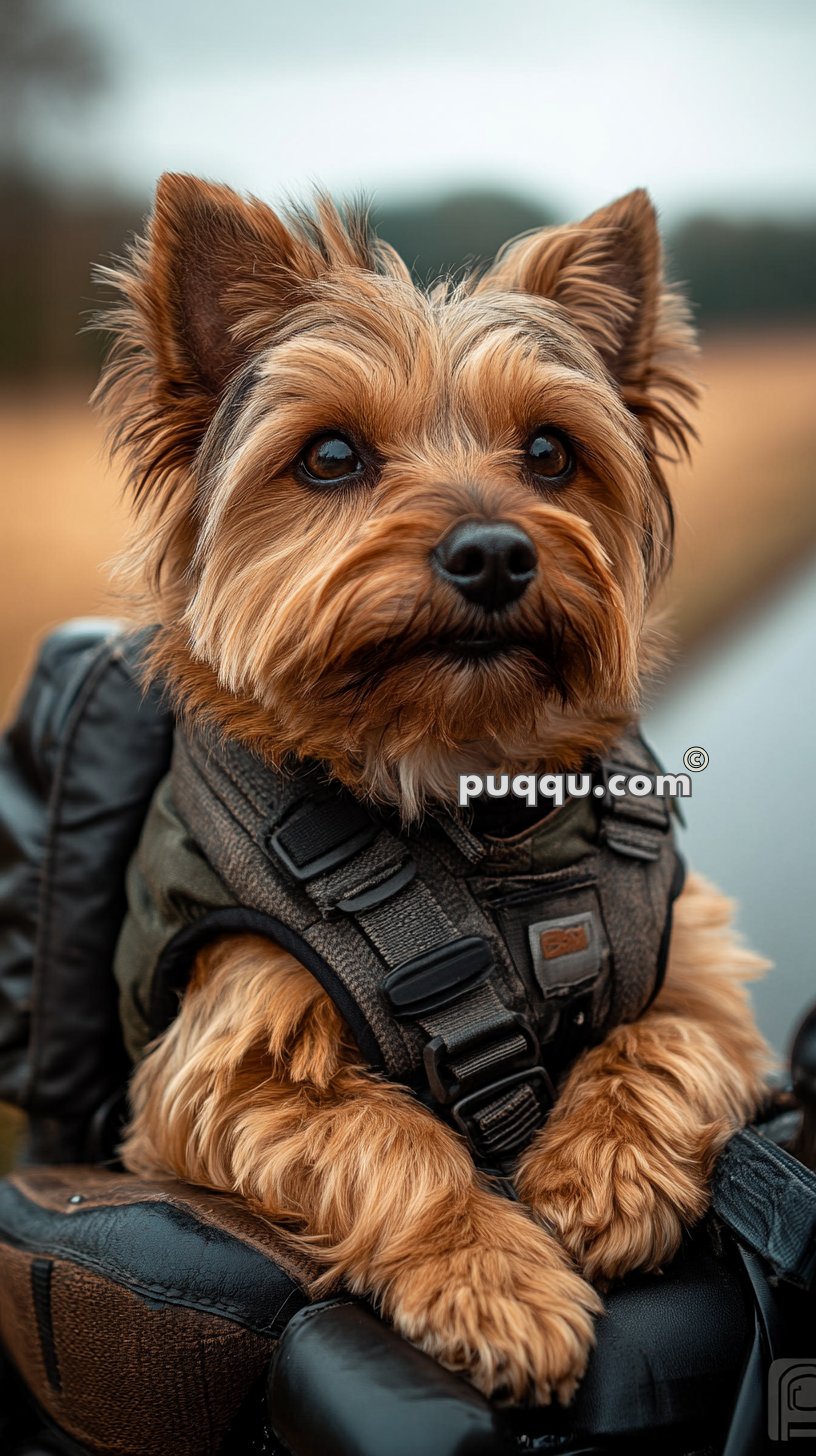 A small Yorkshire Terrier dog wearing a harness and sitting on a padded leather seat with a blurred outdoor background.