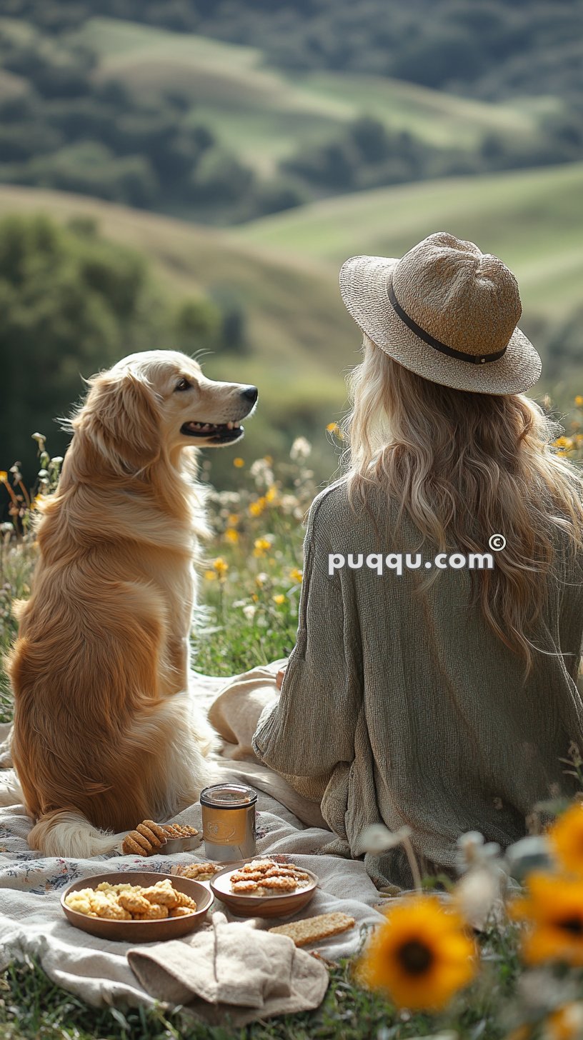 A woman and a Golden Retriever sit on a picnic blanket in a meadow with flowers, overlooking rolling green hills. The blanket has plates of food and a mug. The woman is wearing a hat and has long hair.