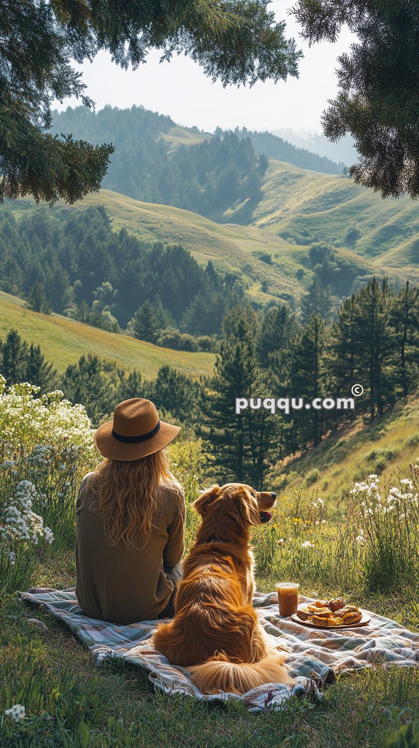 Woman wearing a brown hat sitting on a blanket with a golden retriever, overlooking a scenic green valley with hills and trees.