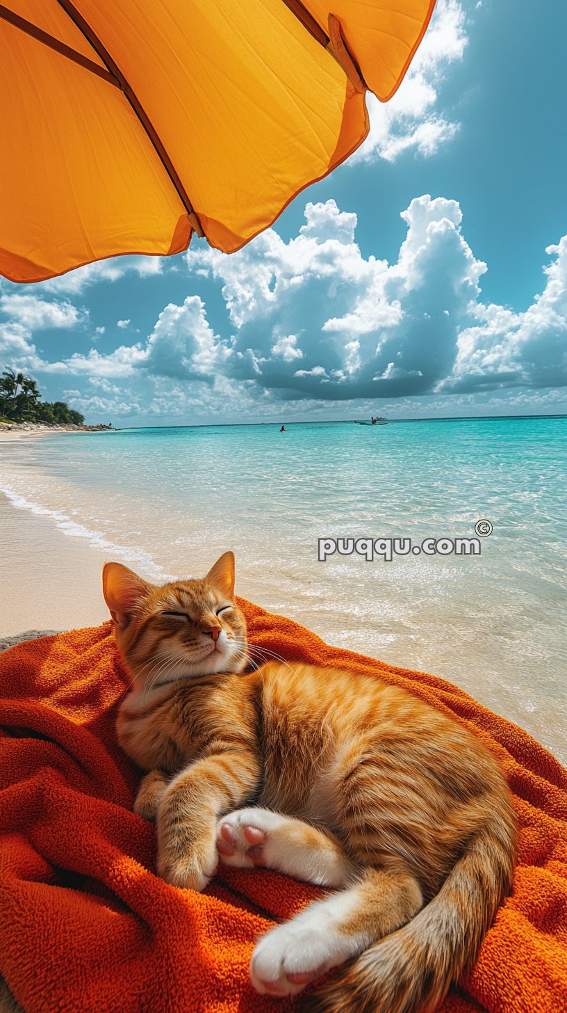 A relaxed orange and white cat lounges on an orange towel under a yellow beach umbrella, with a sunny beach and blue ocean in the background.