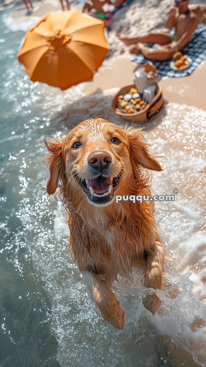 Golden retriever joyfully splashing in the water at a sunny beach with an orange umbrella and people relaxing on the sand.