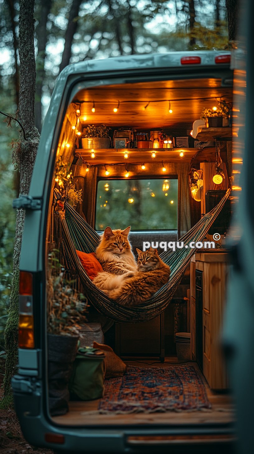 Two cats lounging in a hammock inside a cozy, decorated camper van with string lights and plants in a forest setting.