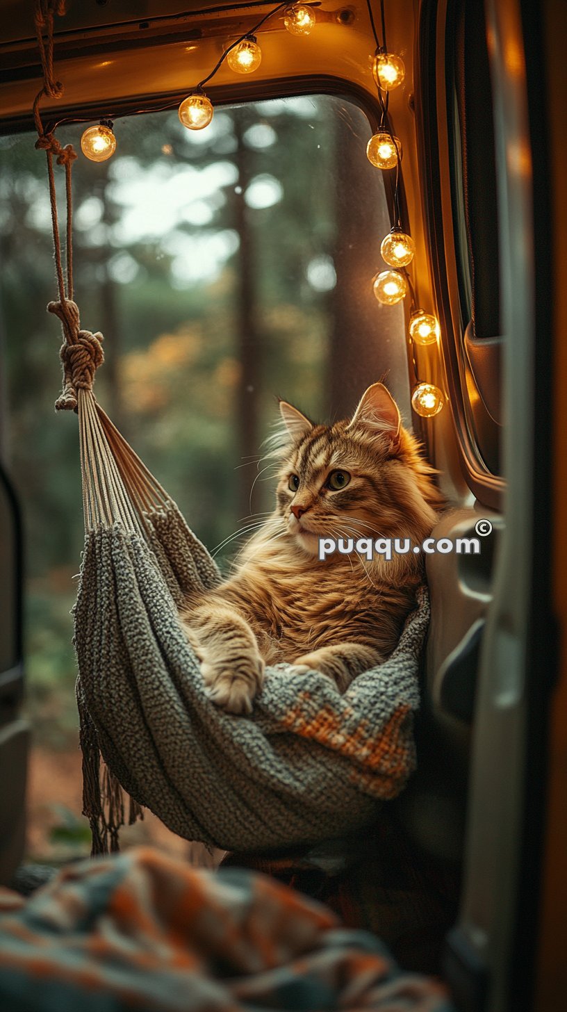 A fluffy cat lounging in a small hammock inside a vehicle, with string lights hanging above and a forest view outside the window.