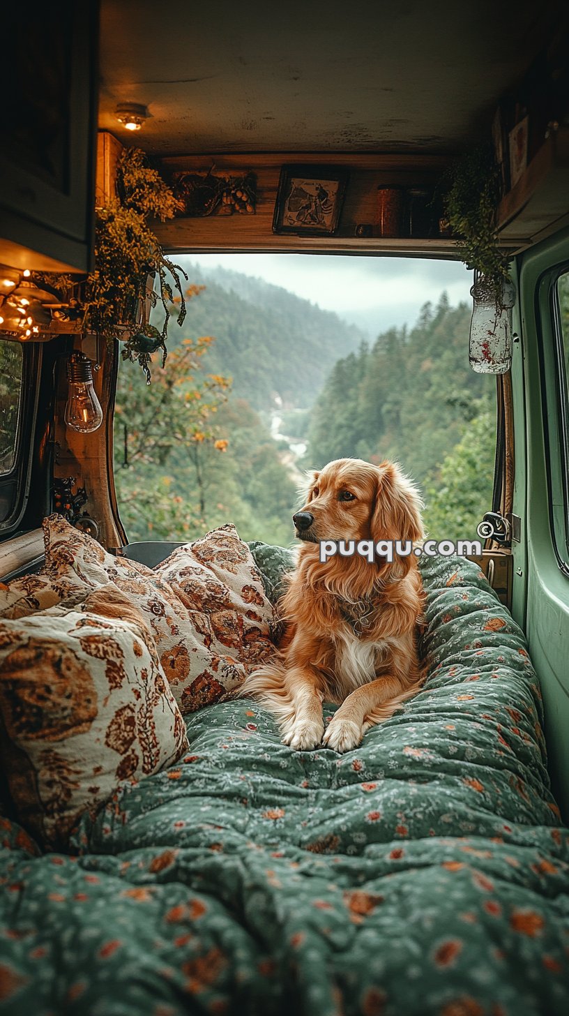 A dog sitting on a cozy bed inside a decorated camper van with a scenic forest and mountain view outside the window.