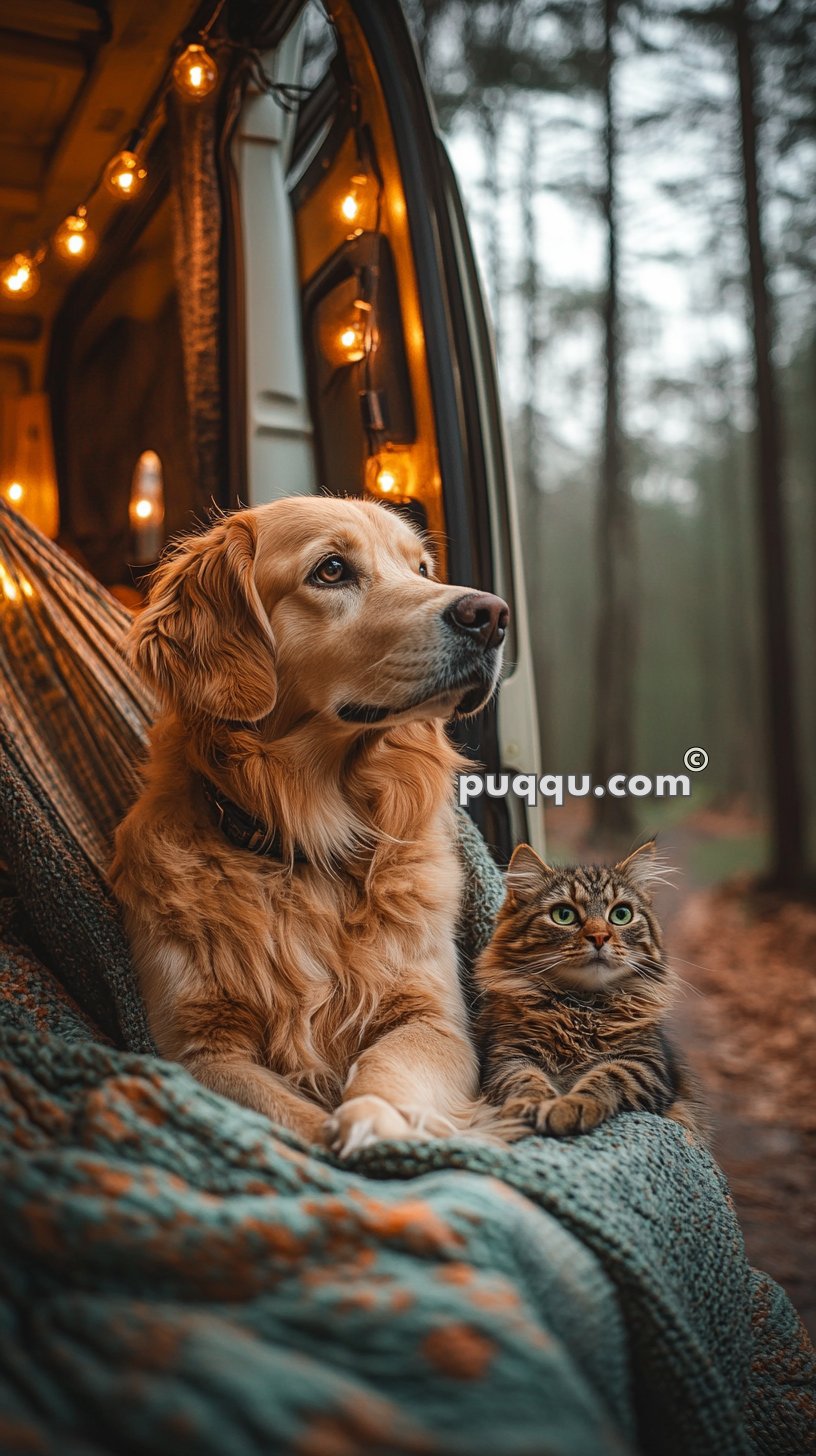 Golden retriever and tabby cat sitting together on a blanket inside a van, with warm string lights in the background and a forest setting outside.