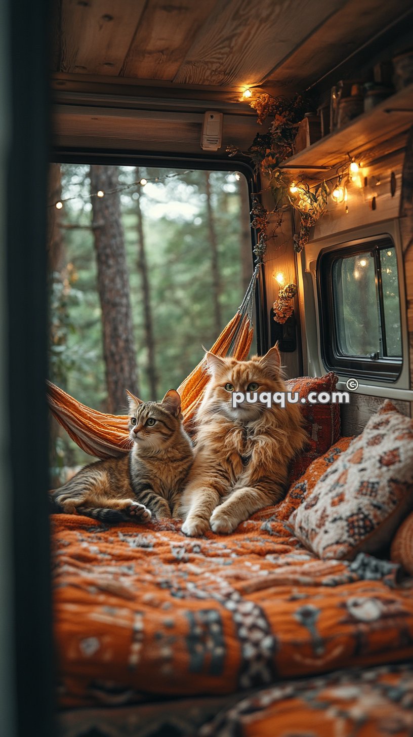 Two cats lounging on a cozy orange blanket inside a camper van, decorated with string lights and plants.