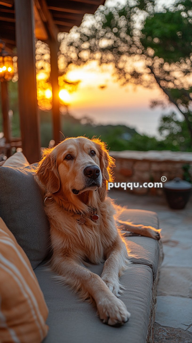 Golden retriever lounging on an outdoor couch with a scenic sunset and trees in the background.