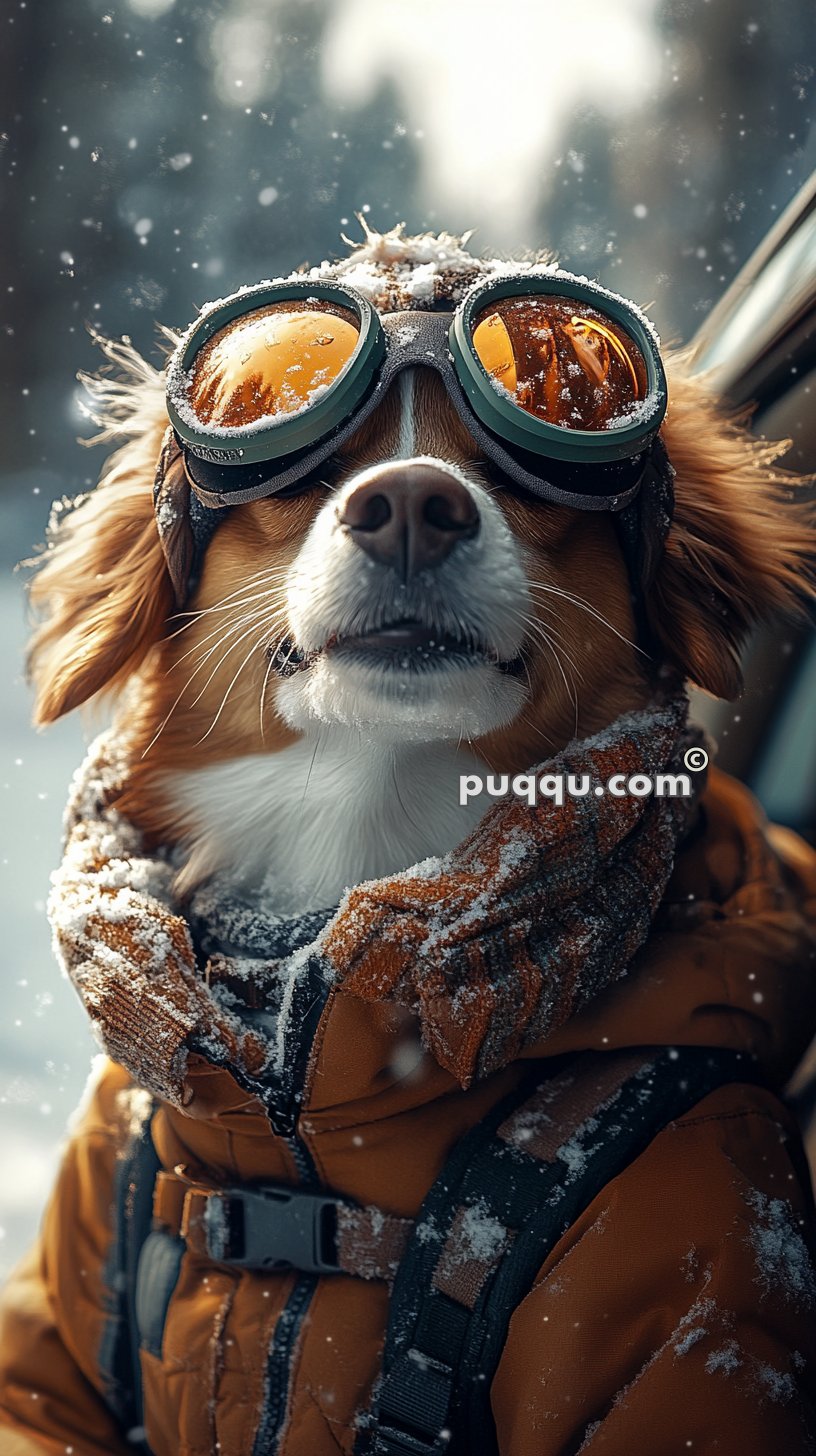 Dog wearing aviator sunglasses and a winter jacket, standing in a snowy environment.