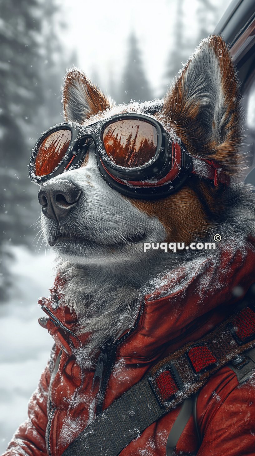 An anthropomorphized dog wearing ski goggles and a red winter jacket in a snowy outdoor setting.