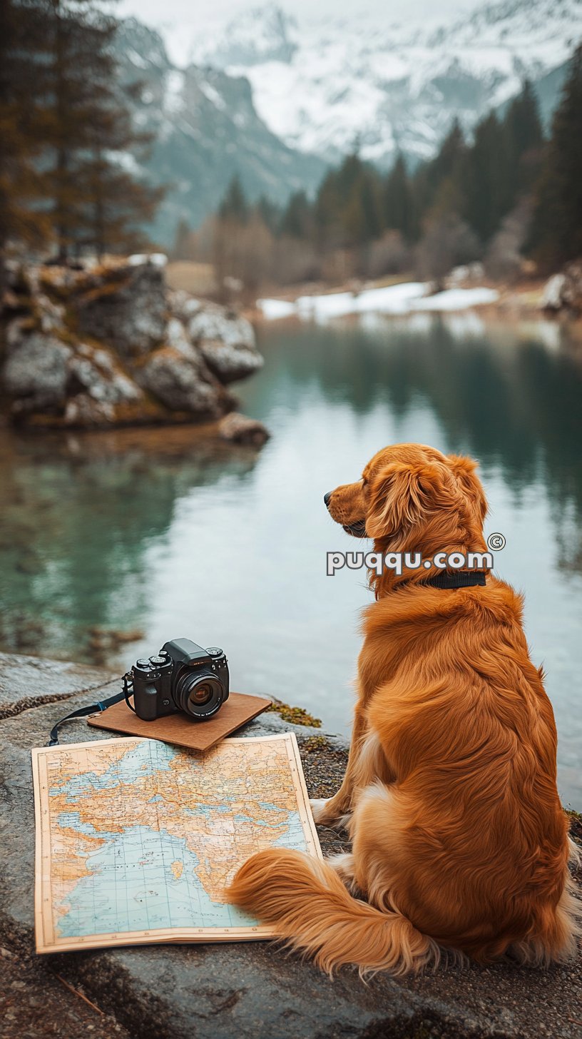 A dog sits by a serene lake in a mountainous area with snow-covered peaks in the background. There is a camera, a notebook, and an open map on the ground beside the dog.