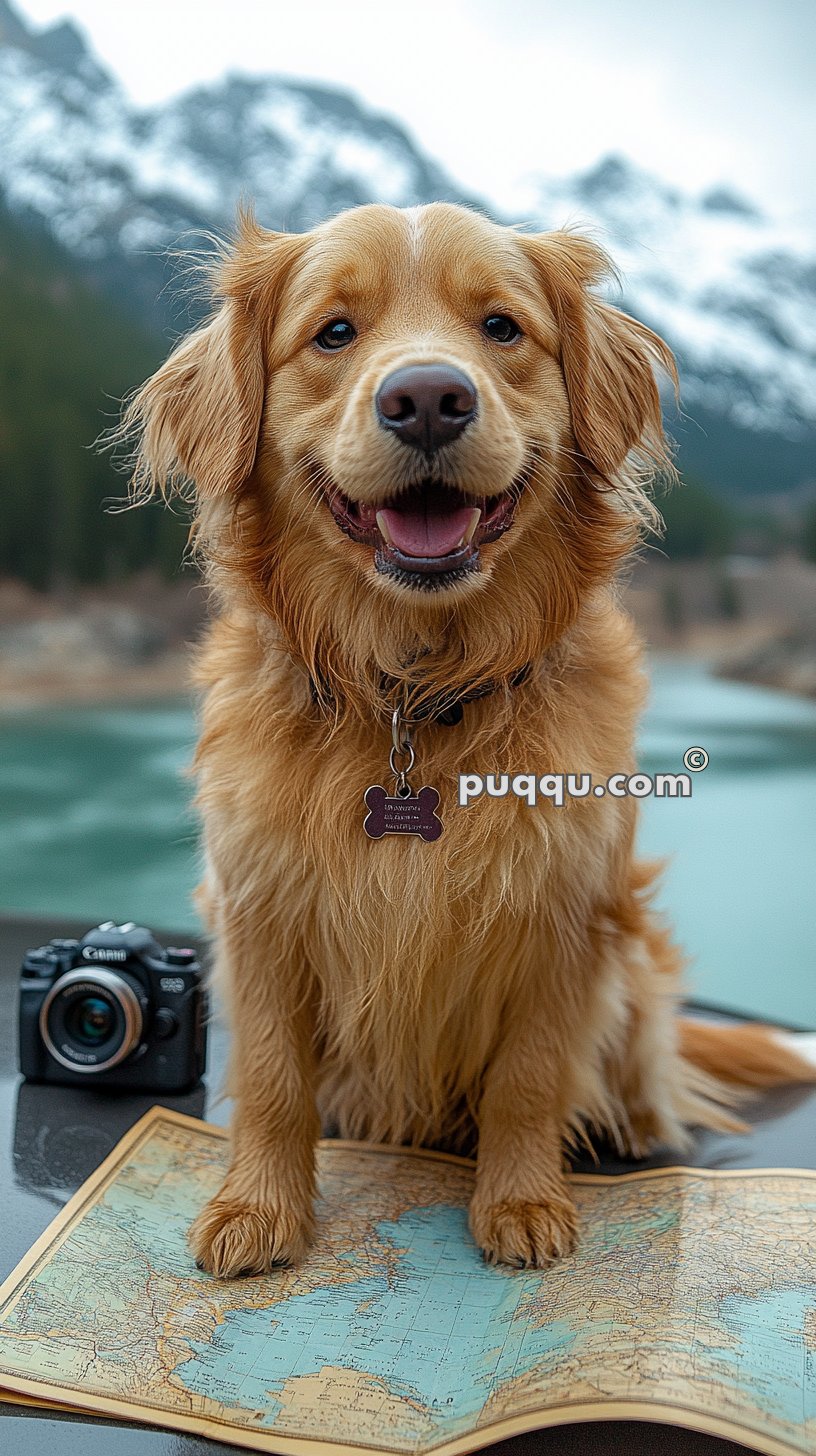 Golden retriever sitting on a table with an open map, a camera in the background, and snowy mountains in the distance.