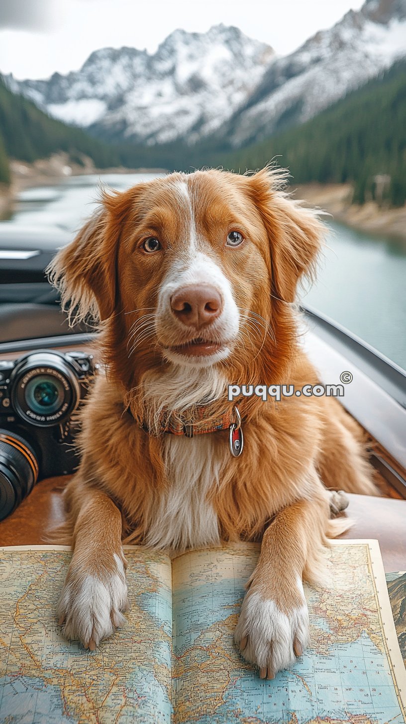 Brown and white dog with its paws on a map, with a mountain lake in the background and a camera beside it.