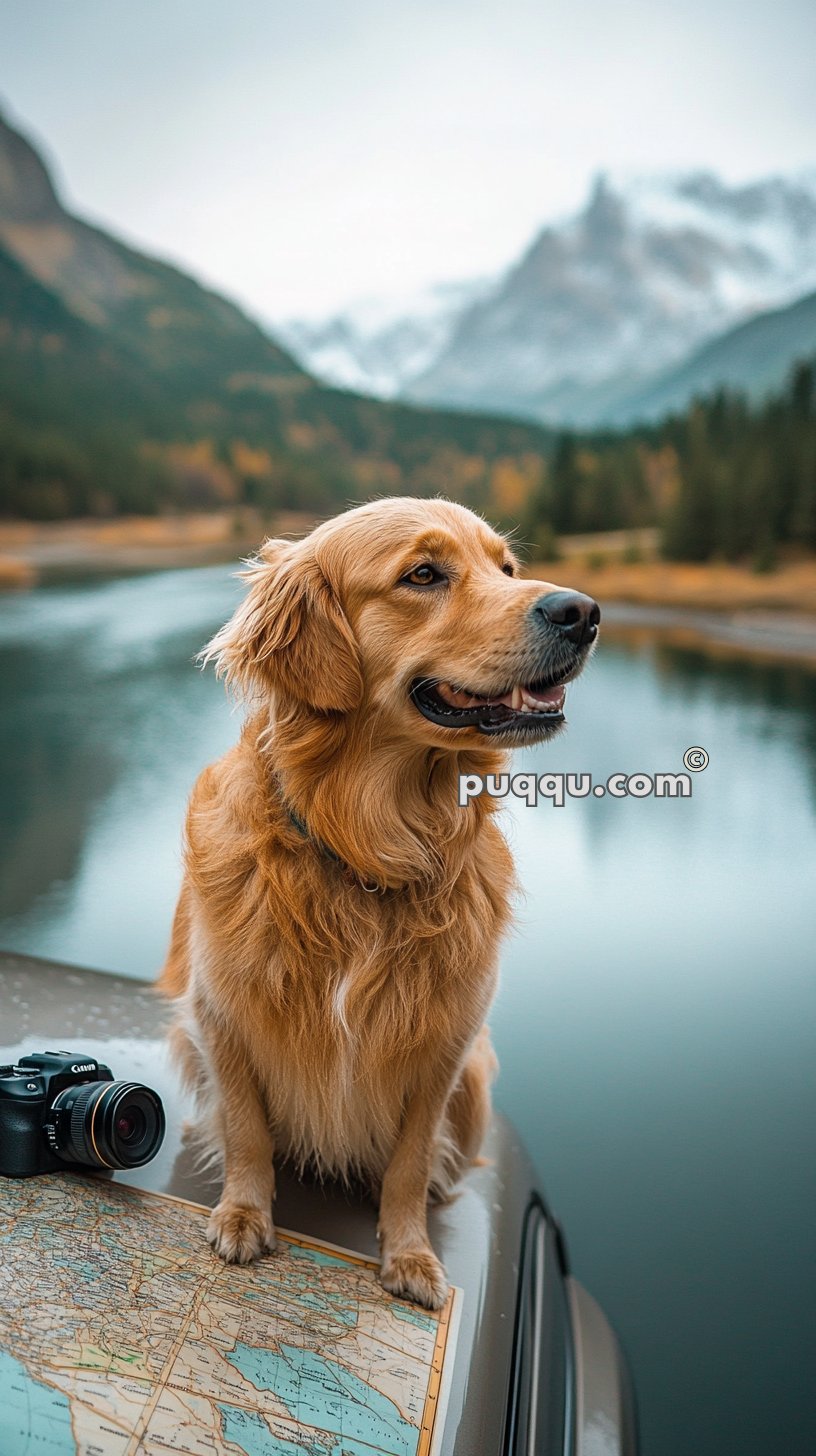 Golden Retriever sitting on a car roof next to a map and camera, with a picturesque mountain lake and forest in the background.