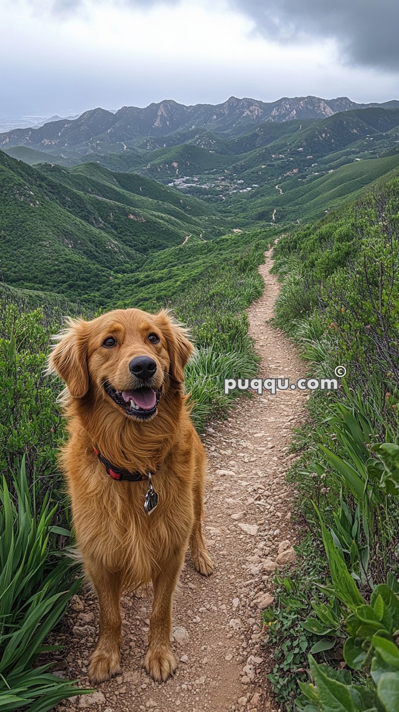 A happy golden retriever standing on a mountain trail with lush green hills and distant mountains in the background.