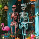 Two decorated skeletons, one pink and one blue, sit on a turquoise porch surrounded by plants, jack-o'-lanterns, a flamingo, and colorful flowers.