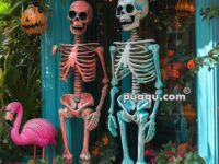 Two decorated skeletons, one pink and one blue, sit on a turquoise porch surrounded by plants, jack-o'-lanterns, a flamingo, and colorful flowers.