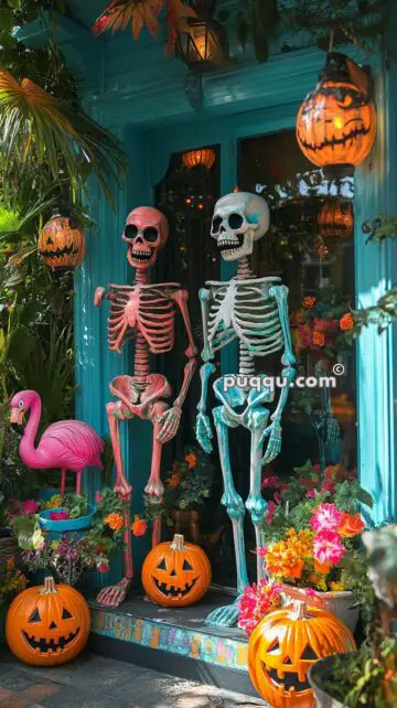 Two decorated skeletons, one pink and one blue, sit on a turquoise porch surrounded by plants, jack-o'-lanterns, a flamingo, and colorful flowers.