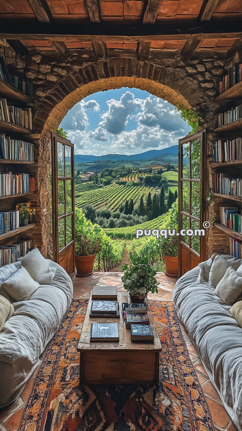 Cozy library with plush sofas, wooden coffee table, and bookshelves in a rustic stone house, leading to an open archway overlooking a vineyard and rolling hills.