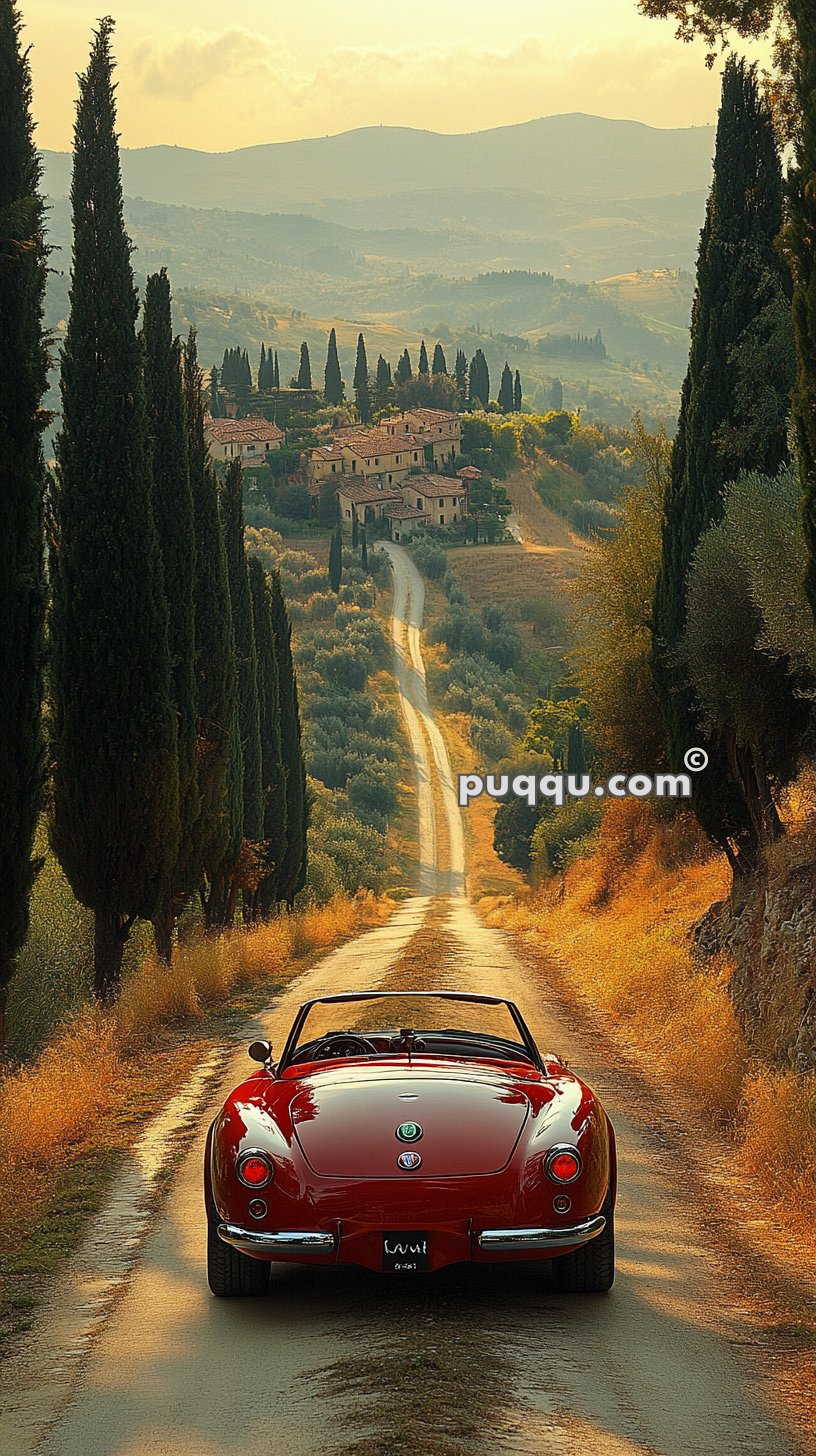 A red convertible sports car on a winding dirt road lined with tall cypress trees, leading to a village in a scenic, hilly landscape at sunset.