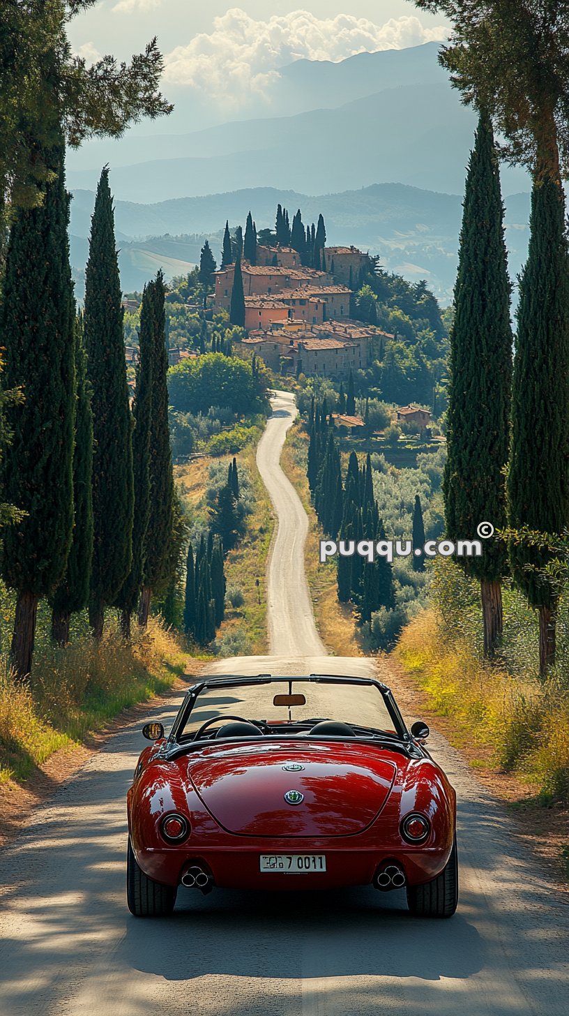 Red convertible car on a tree-lined road leading to a picturesque hilltop village with mountains in the background.