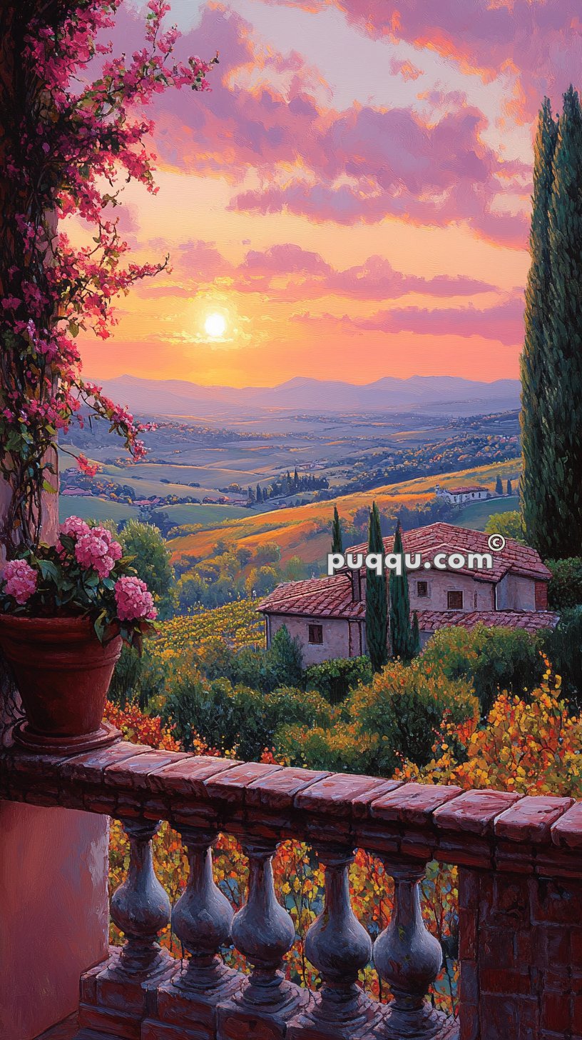 A picturesque sunset view from a balcony overlooking a Tuscan landscape with rolling hills, cypress trees, and a rustic brick house, adorned with blooming pink flowers in the foreground.