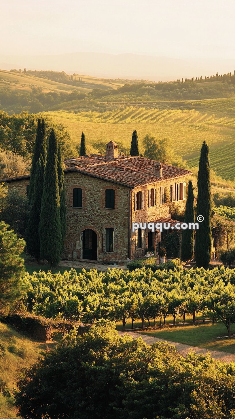 A rustic stone villa surrounded by lush vineyards and rolling hills in a picturesque countryside.