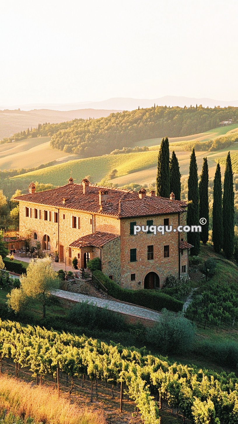 A rustic stone villa surrounded by vineyards and cypress trees, set in a rolling hillside landscape under soft, golden sunlight.