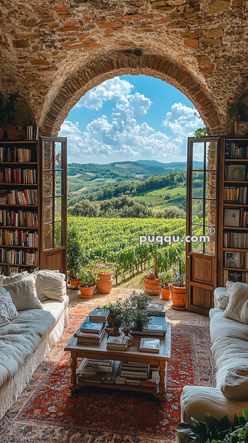 Stone archway with open doors leading to a lush vineyard, surrounded by rustic bookshelves, cozy sofas, and a table with books and potted plants.