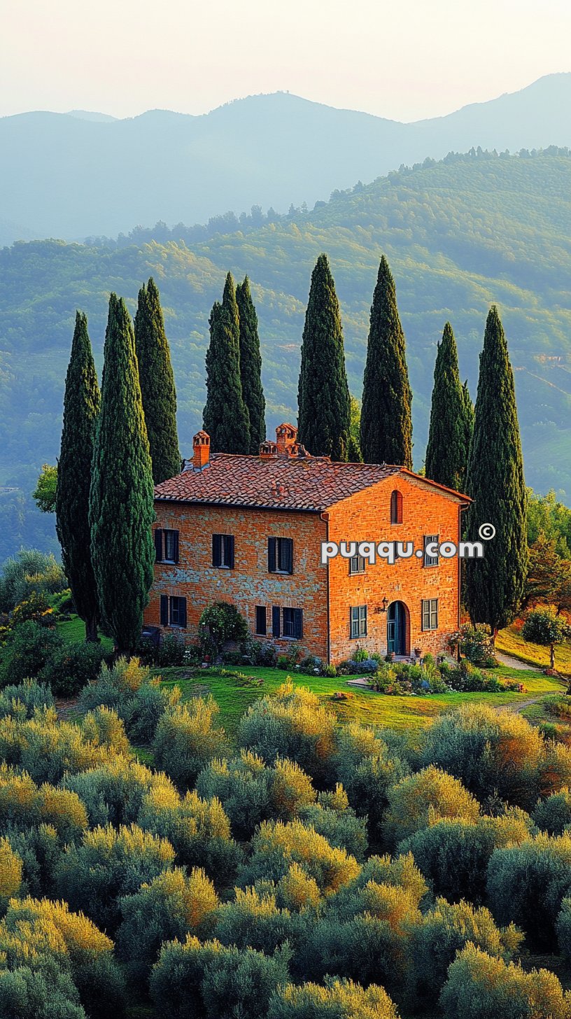 A rustic brick house surrounded by tall cypress trees and lush vegetation with rolling hills in the background.